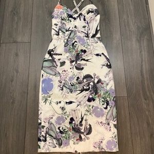 ERDEM Floral Bird White Purple Print Spaghetti Strap Body Con Midi Dress Size 4